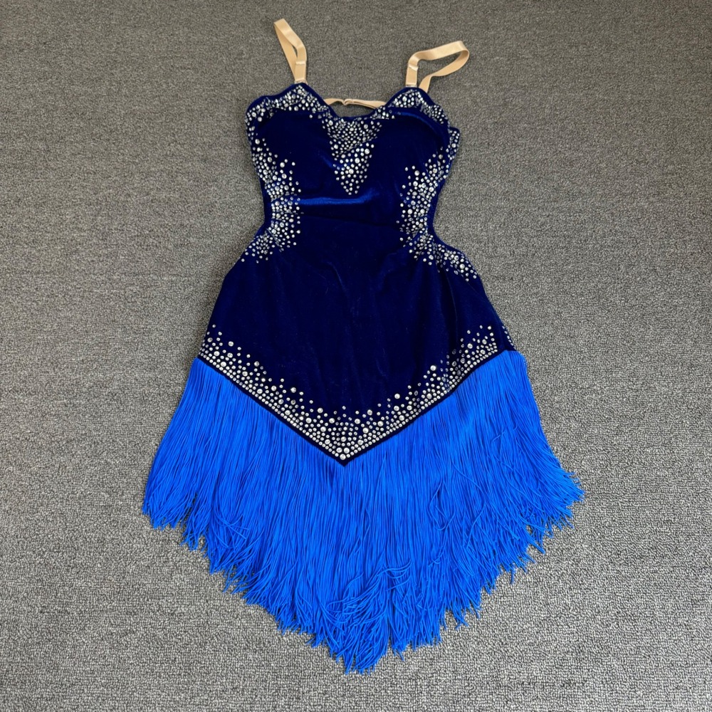 Blue Velvet Rhinestone Fringe Dance Bodysuit Costume XL Stage Performance Dress